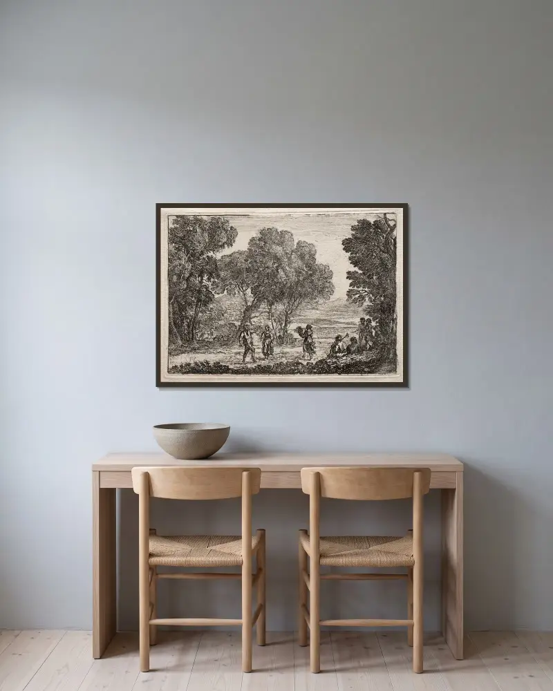 Landskap med lantlig dans av Claude Lorrain inramad på en vägg