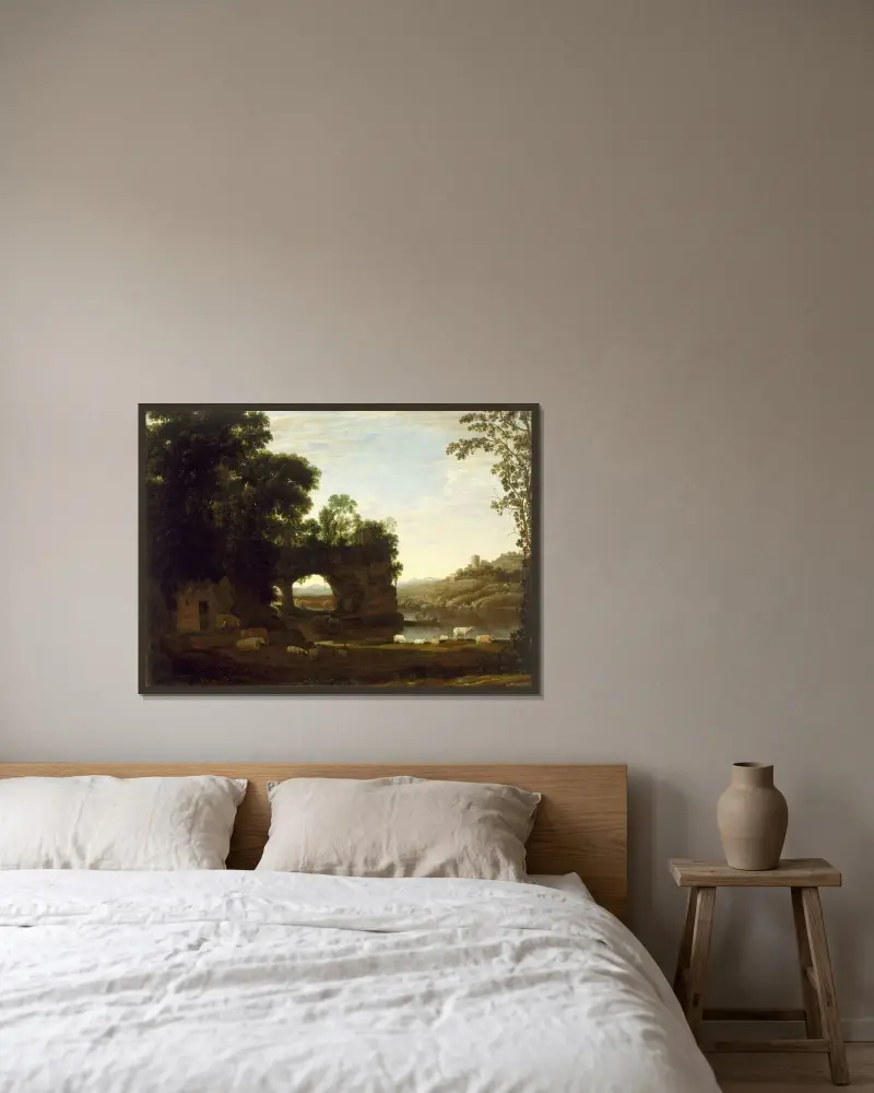Landskap med klippbåge och flod av Claude Lorrain inramad på en vägg