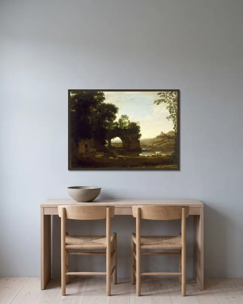 Landskap med klippbåge och flod av Claude Lorrain inramad på en vägg