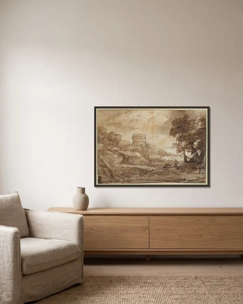 Landskap med ett runt torn och en vik av Claude Lorrain inramad på en vägg
