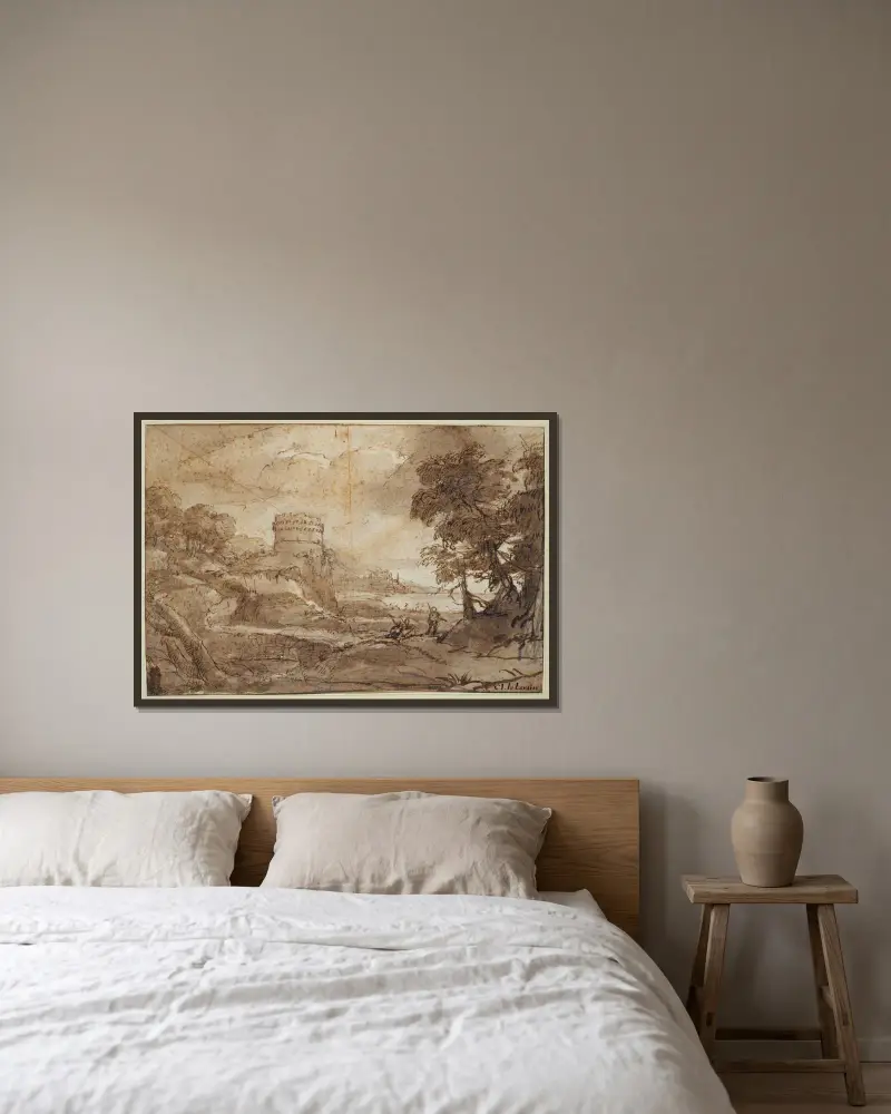 Landskap med ett runt torn och en vik av Claude Lorrain inramad på en vägg