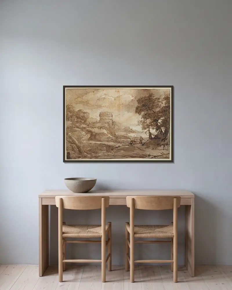 Landskap med ett runt torn och en vik av Claude Lorrain inramad på en vägg