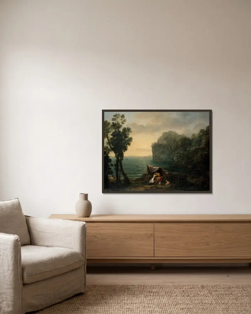 Landscape with Acis and Galatea av Claude Lorrain inramad på en vägg