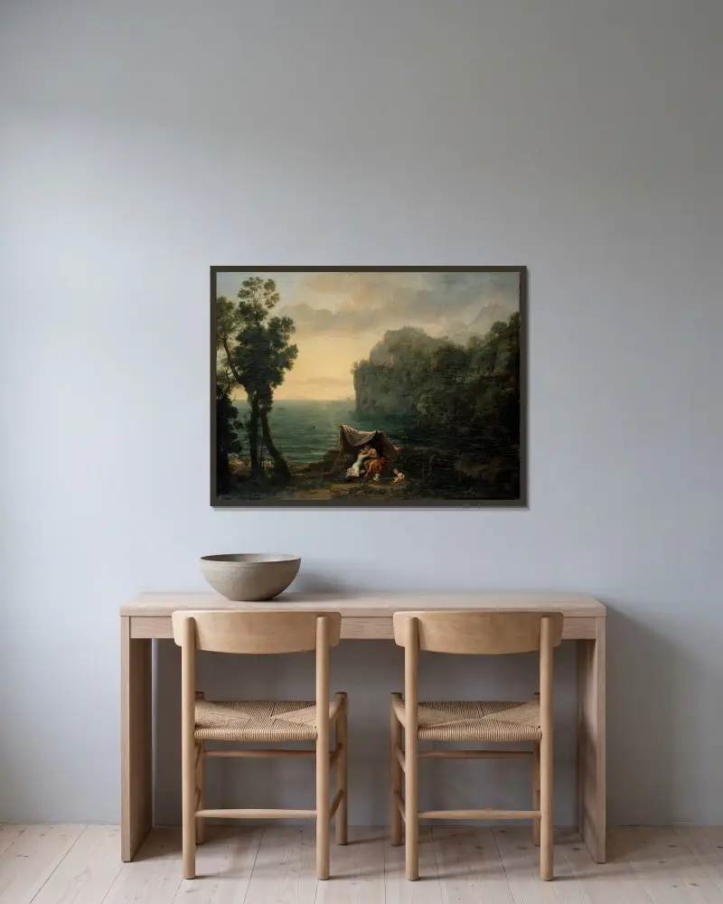 Landscape with Acis and Galatea av Claude Lorrain inramad på en vägg
