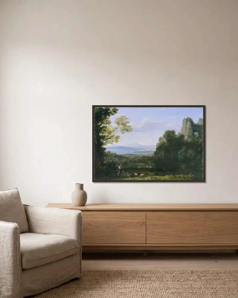 Landskap med Apollo och Mercurius av Claude Lorrain inramad på en vägg
