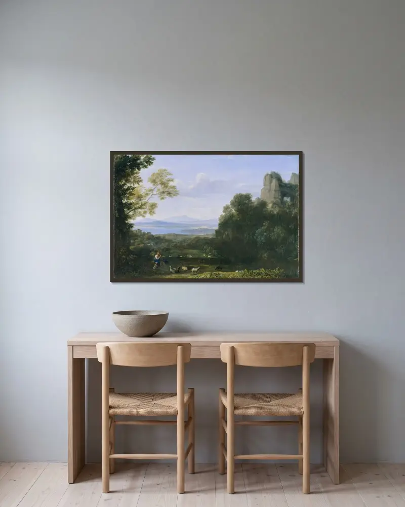 Landskap med Apollo och Mercurius av Claude Lorrain inramad på en vägg