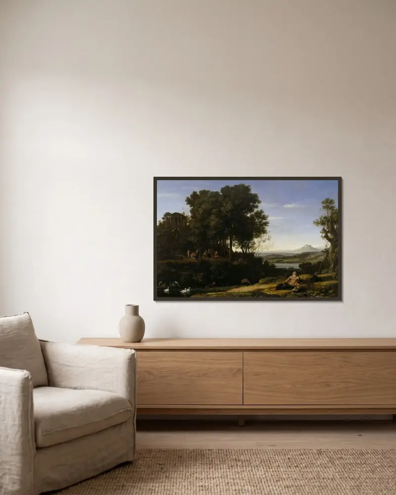 Landskap med Apollo och muserna av Claude Lorrain inramad på en vägg