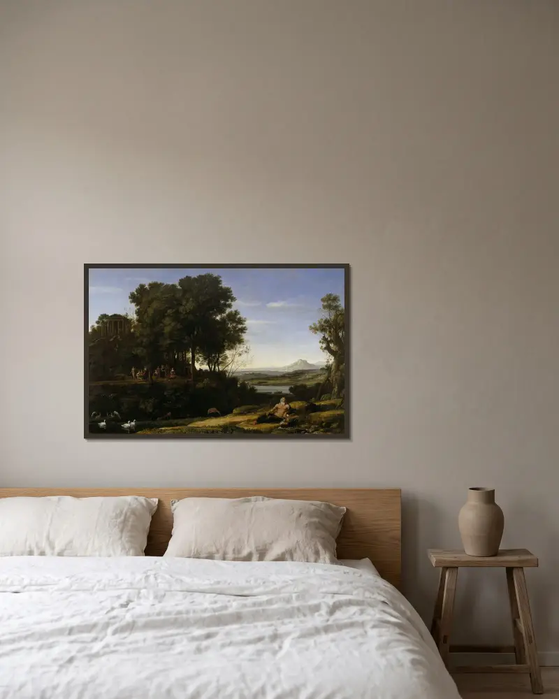 Landskap med Apollo och muserna av Claude Lorrain inramad på en vägg