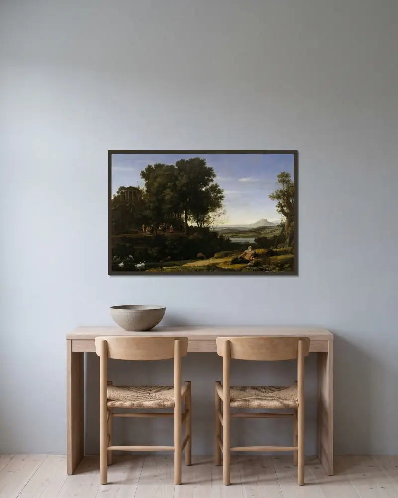Landskap med Apollo och muserna av Claude Lorrain inramad på en vägg