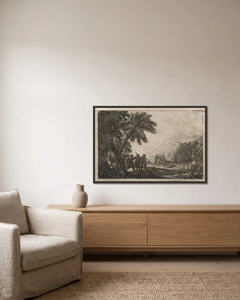 Landschaft mit Räubern von Claude Lorrain gerahmt an einer Wand