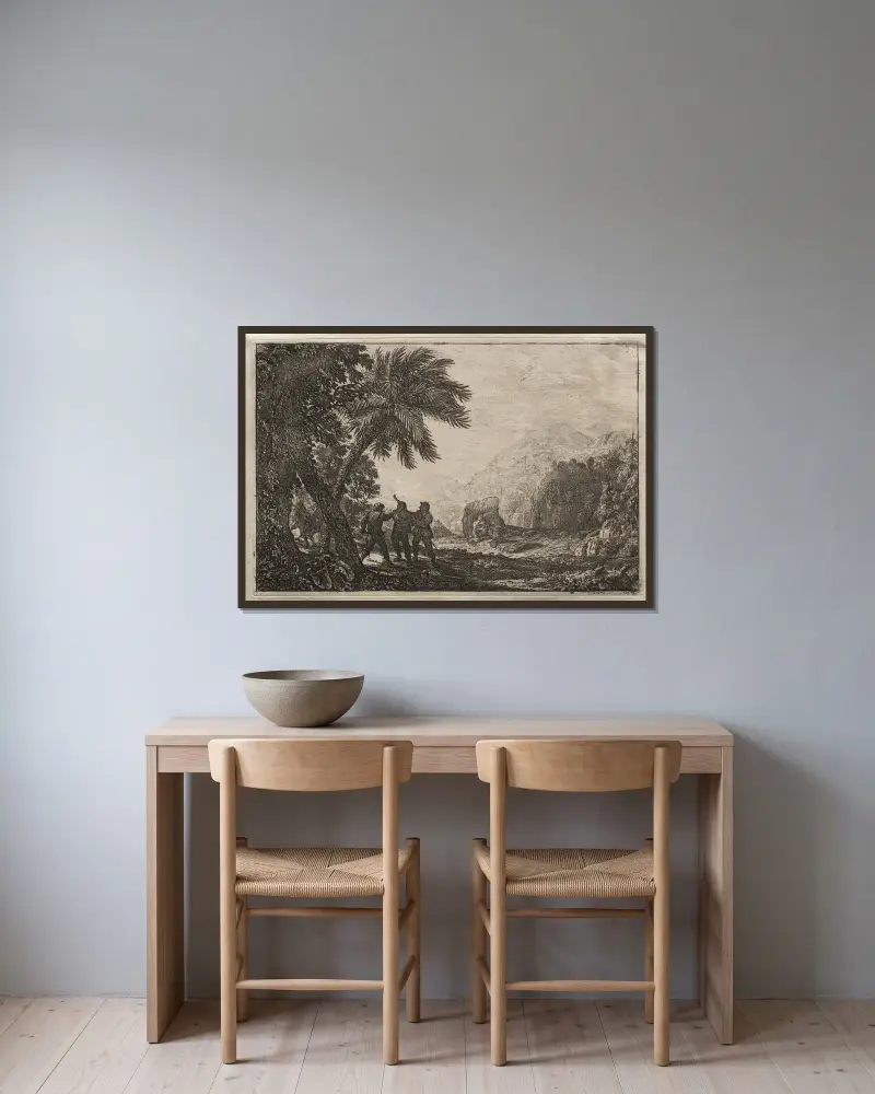 Landschaft mit Räubern von Claude Lorrain gerahmt an einer Wand
