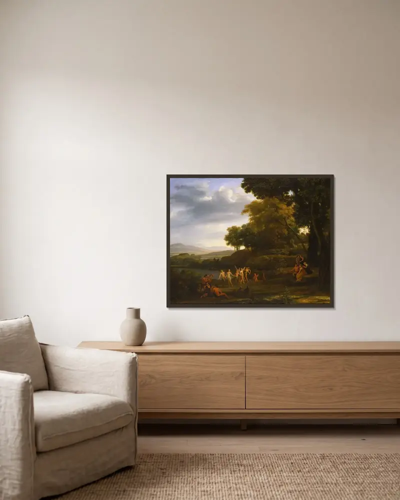 Landskap med dansande satyrer och nymfer av Claude Lorrain inramad på en vägg
