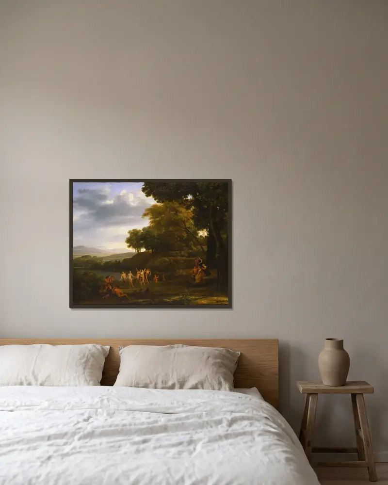 Landskap med dansande satyrer och nymfer av Claude Lorrain inramad på en vägg