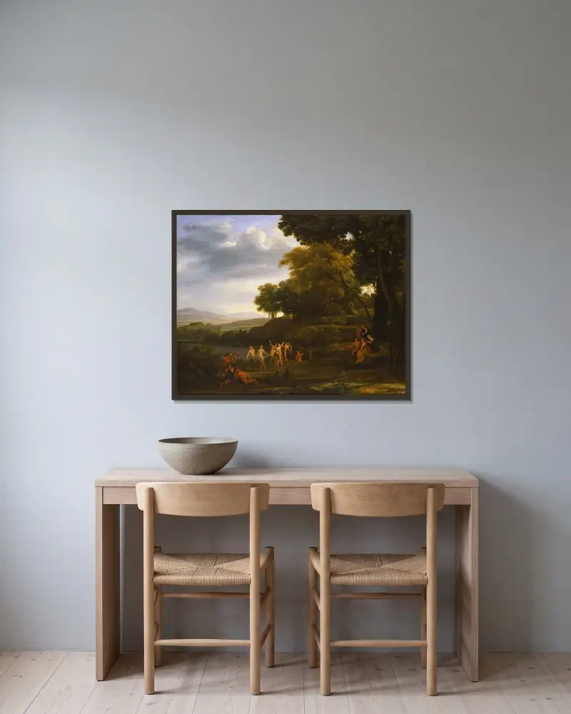 Landskap med dansande satyrer och nymfer av Claude Lorrain inramad på en vägg