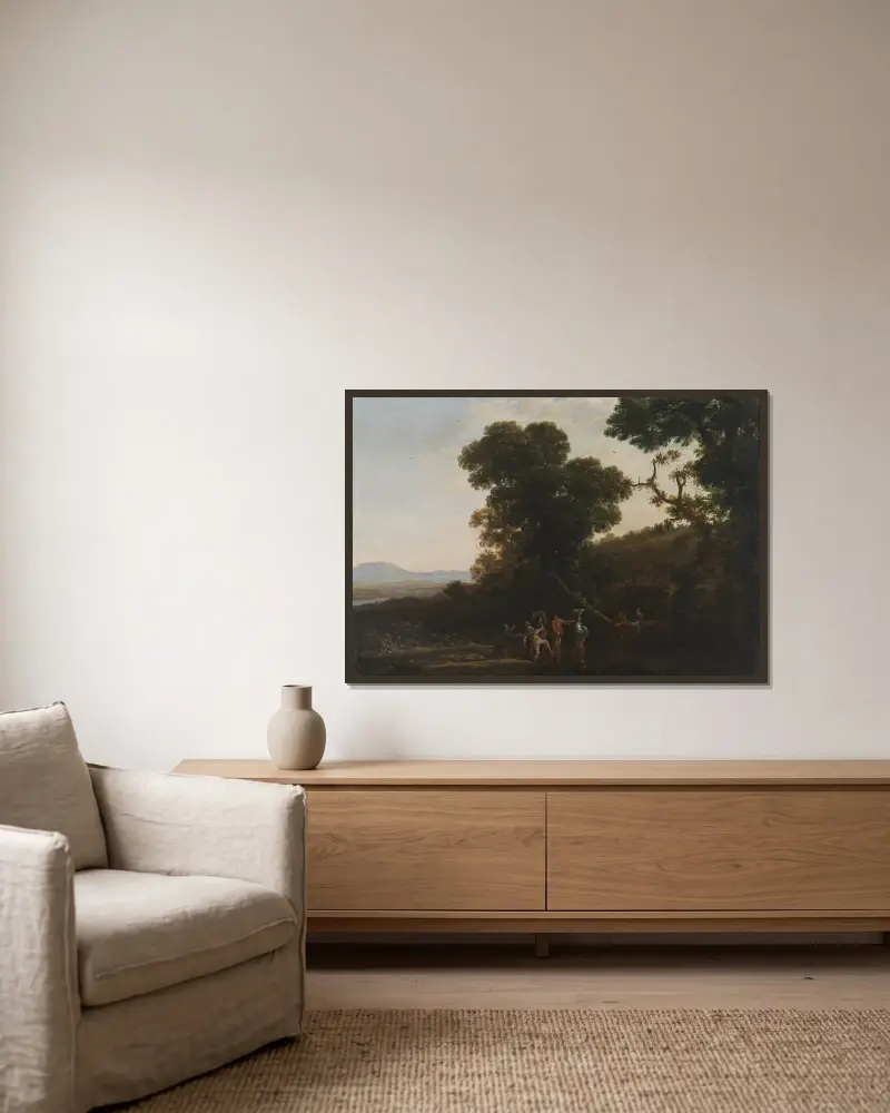 Landskap med figurer som vadar genom en bäck av Claude Lorrain inramad på en vägg