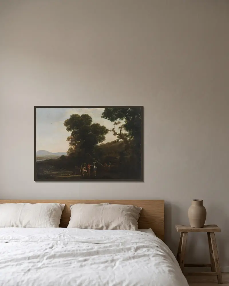 Landskap med figurer som vadar genom en bäck av Claude Lorrain inramad på en vägg