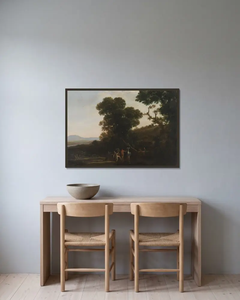 Landskap med figurer som vadar genom en bäck av Claude Lorrain inramad på en vägg