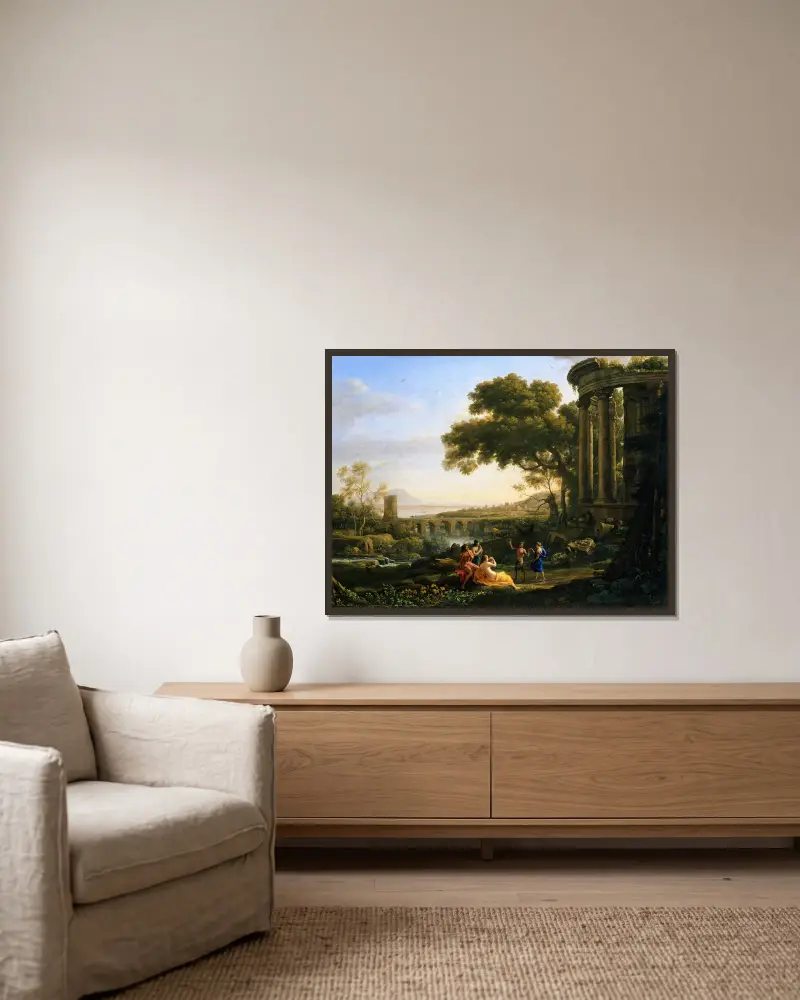 Landscape with Nymph and Satyr Dancing av Claude Lorrain inramad på en vägg