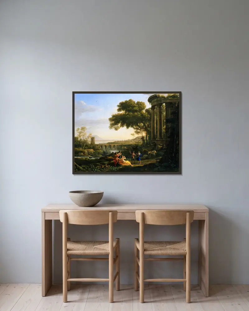 Landscape with Nymph and Satyr Dancing av Claude Lorrain inramad på en vägg