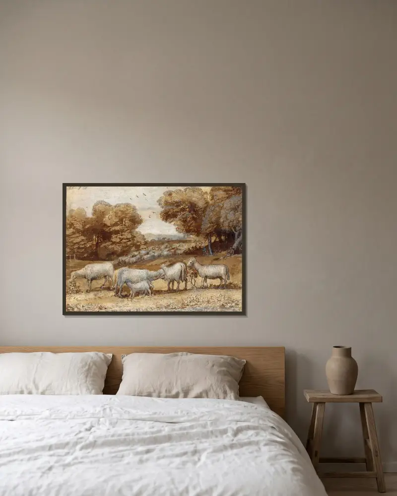 Landskap med får av Claude Lorrain inramad på en vägg