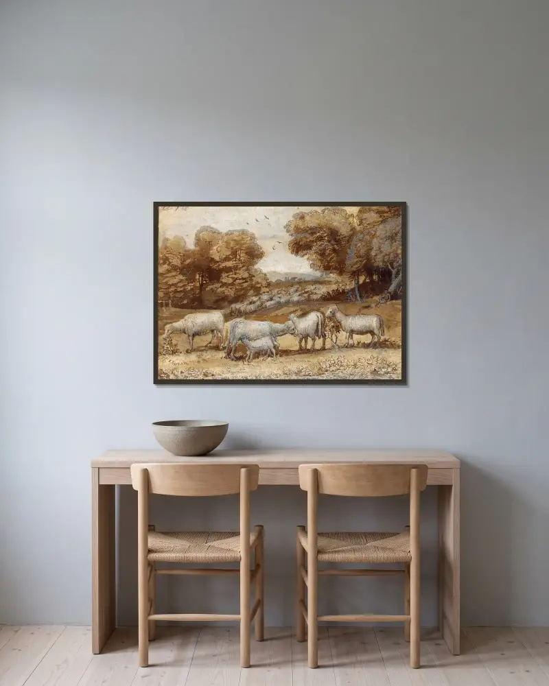 Landskap med får av Claude Lorrain inramad på en vägg
