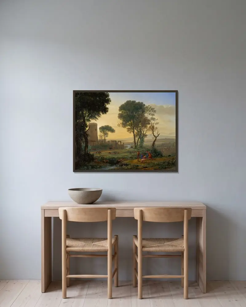 Landskap med flykten till Egypten av Claude Lorrain inramad på en vägg