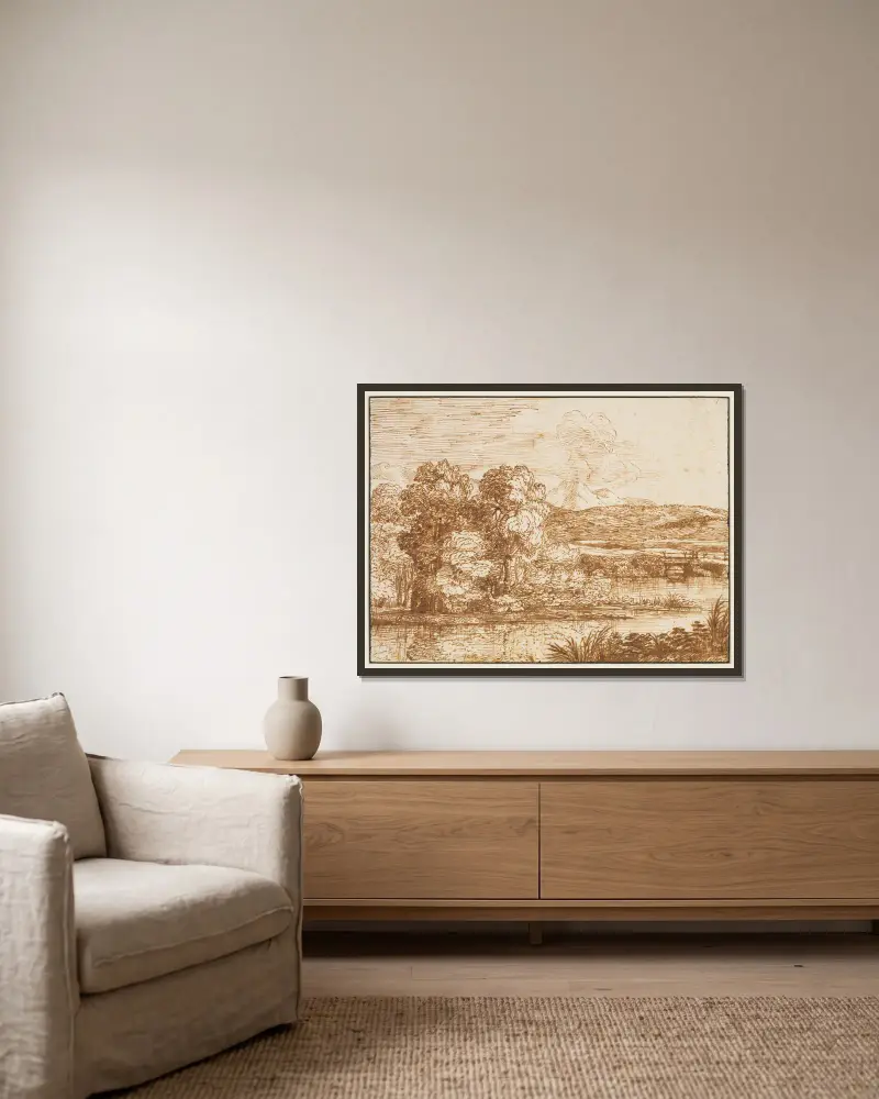 Landschaft mit Baumgruppe am Wasser von Claude Lorrain gerahmt an einer Wand