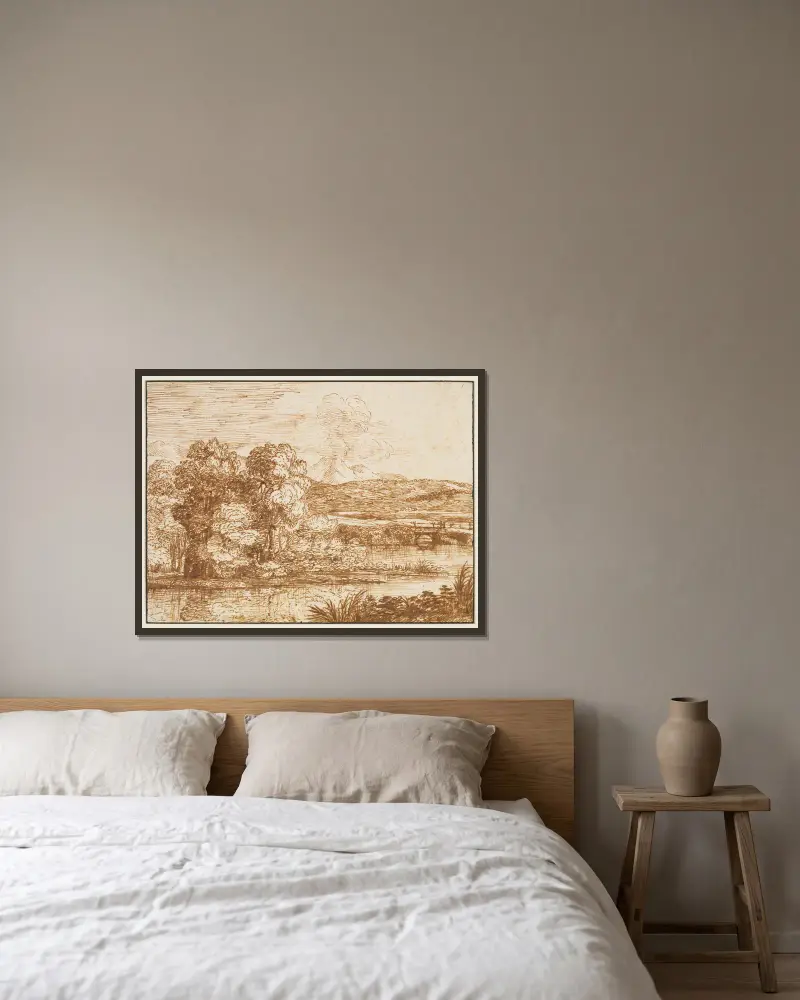 Landschaft mit Baumgruppe am Wasser von Claude Lorrain gerahmt an einer Wand