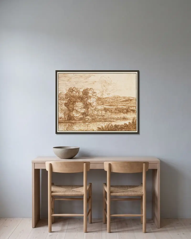 Landschaft mit Baumgruppe am Wasser von Claude Lorrain gerahmt an einer Wand