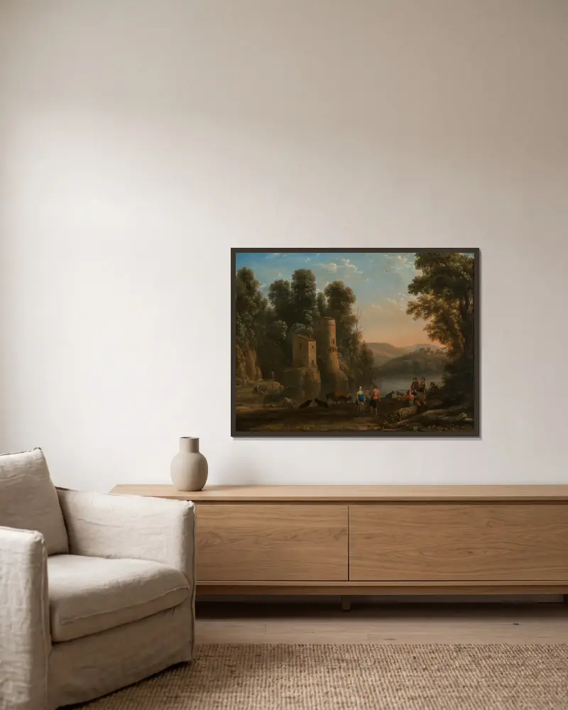 Krajina s pastýři (Tanec na břehu), Claude Lorrain v rámu na stěně
