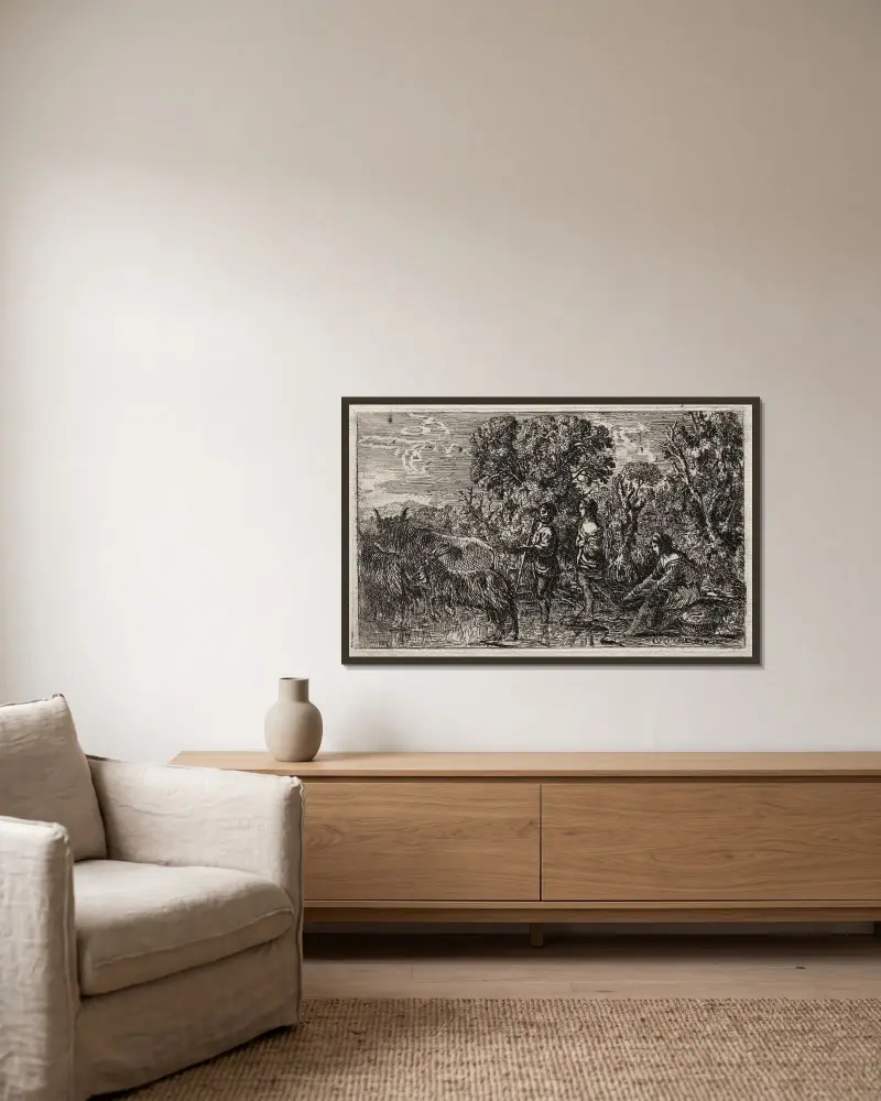 Die Furt von Claude Lorrain gerahmt an einer Wand
