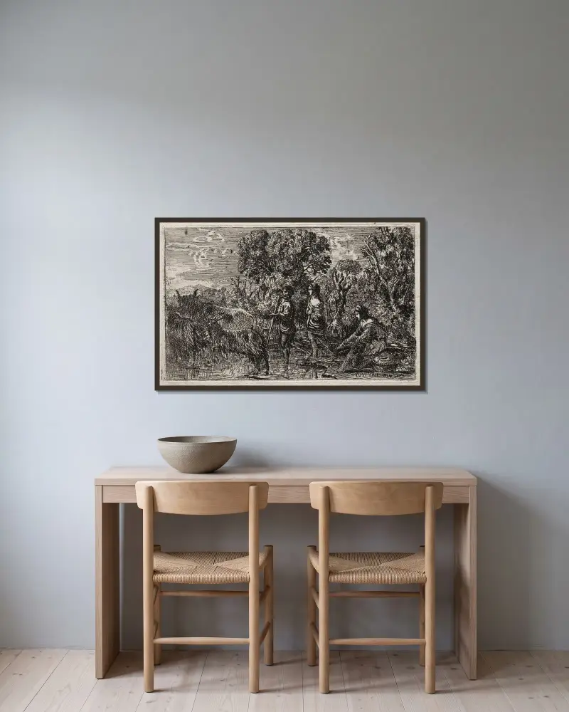 Die Furt von Claude Lorrain gerahmt an einer Wand