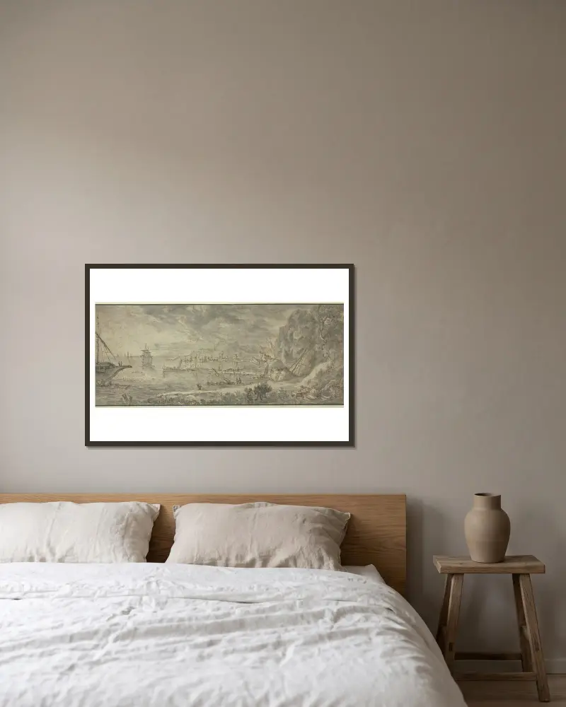 Marine, rechts große Felsen, vorn ein Maultiertreiber, im Hintergrunde eine Stadt av Claude Lorrain inramad på en vägg