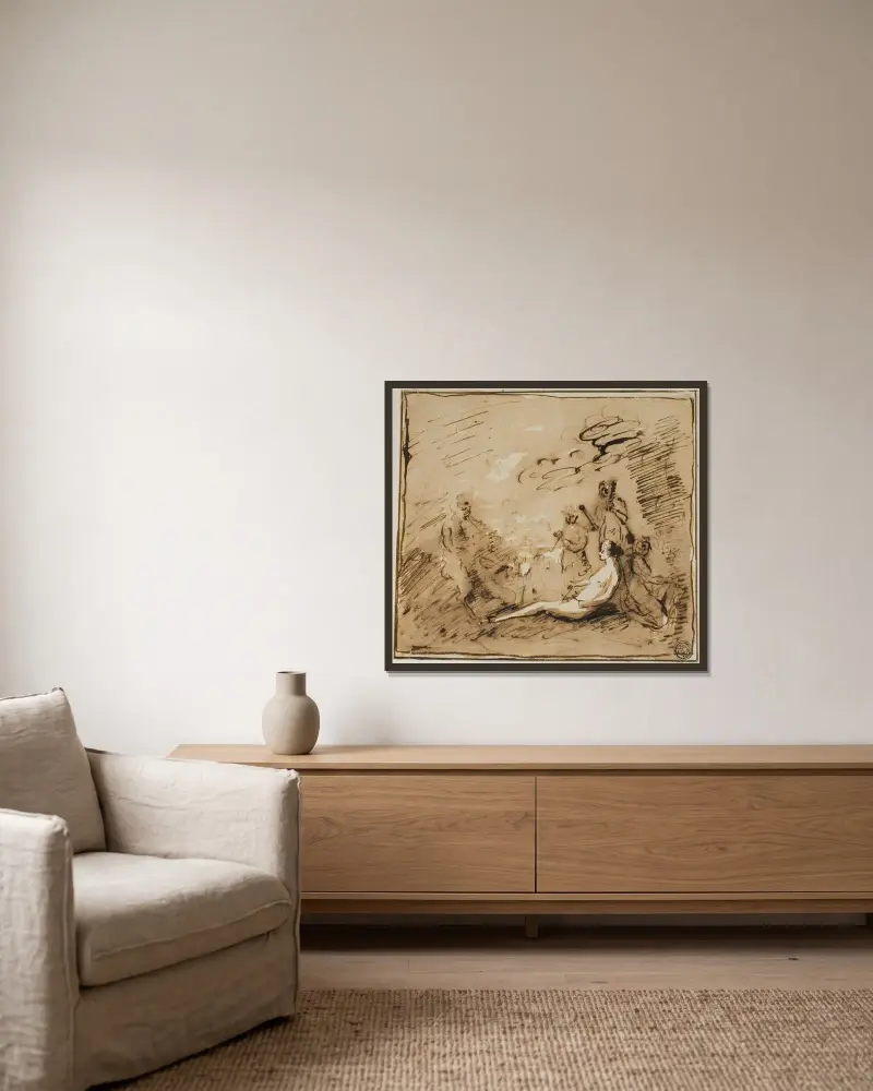 Nymfer och satyrer spelar instrument av Claude Lorrain inramad på en vägg