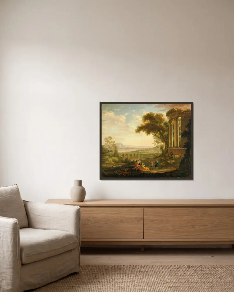 Landskap med satyr och nymf av Claude Lorrain inramad på en vägg