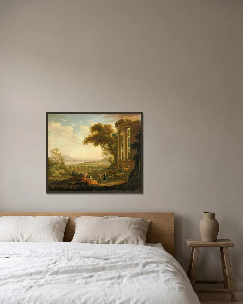 Landskap med satyr och nymf av Claude Lorrain inramad på en vägg
