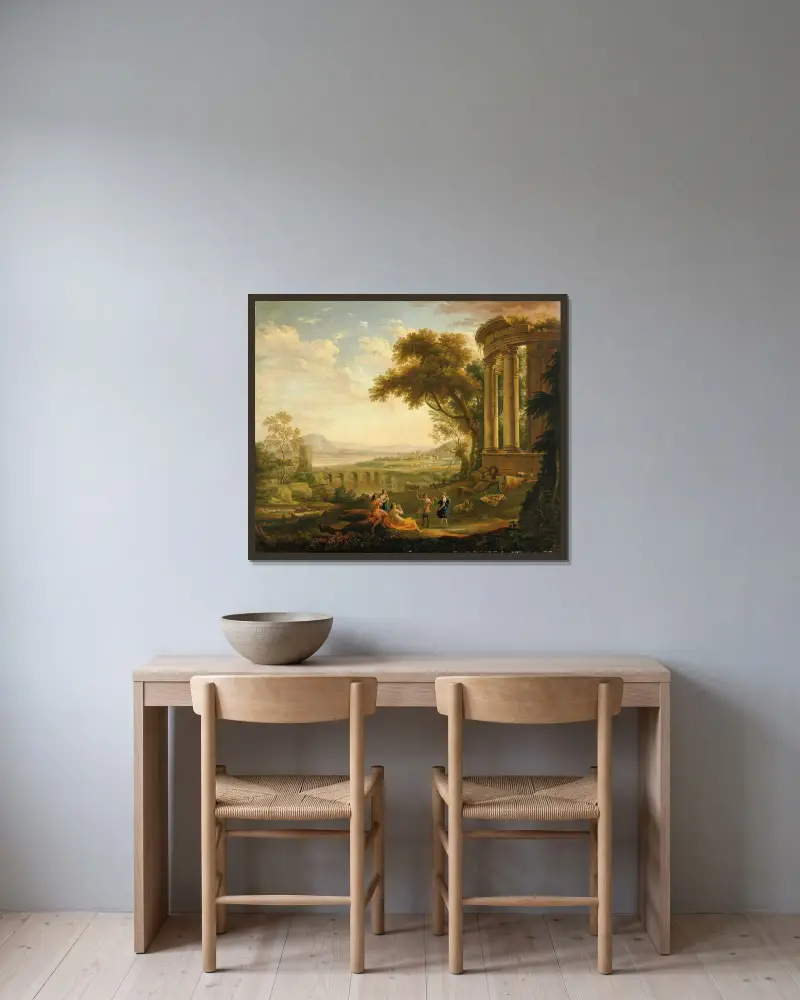 Landskap med satyr och nymf av Claude Lorrain inramad på en vägg