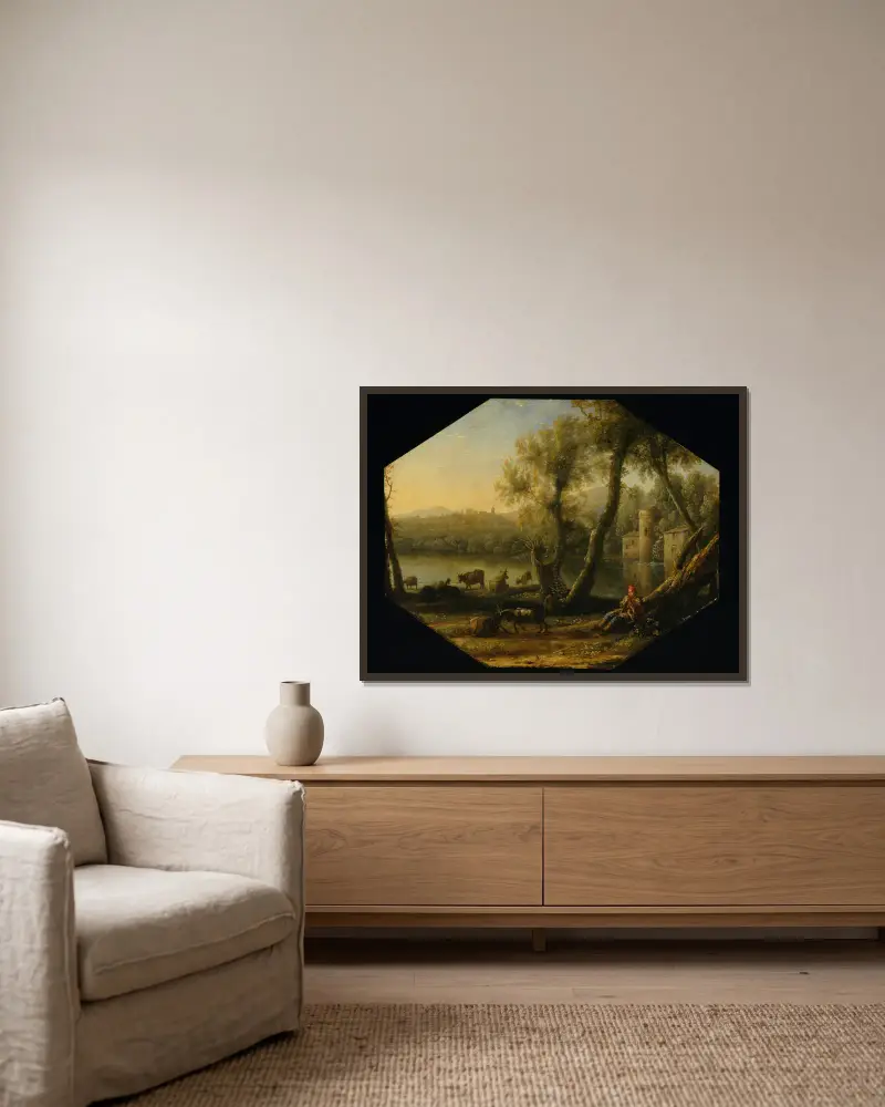 Pastorale Landschaft, 1636 von Claude Lorrain gerahmt an einer Wand