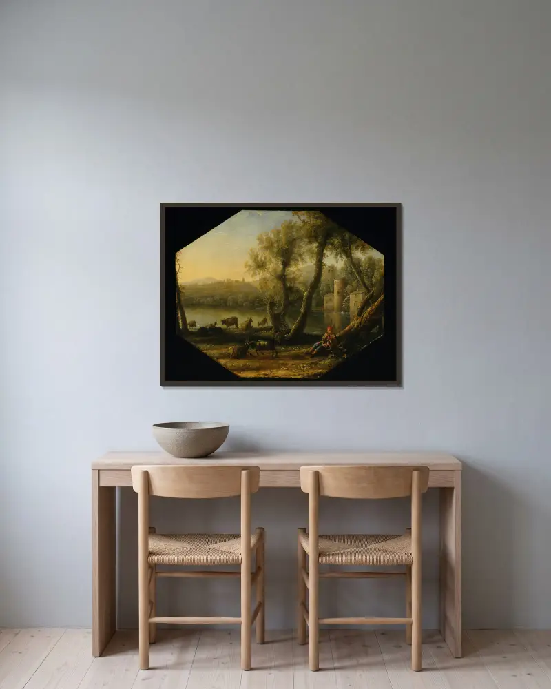 Pastorale Landschaft, 1636 von Claude Lorrain gerahmt an einer Wand