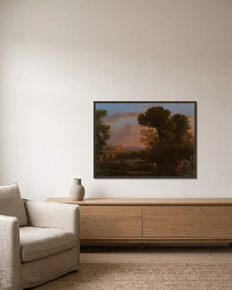 Pastoral landskap av Claude Lorrain inramad på en vägg