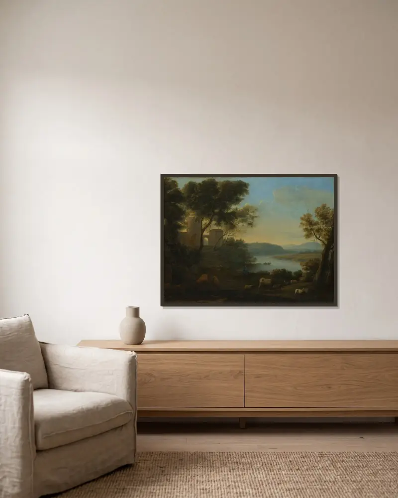 Herden i landskapet; Den romerska Campagnan av Claude Lorrain inramad på en vägg