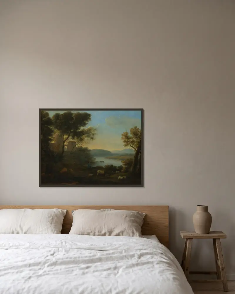 Herden i landskapet; Den romerska Campagnan av Claude Lorrain inramad på en vägg