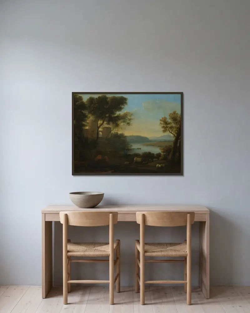 Herden i landskapet; Den romerska Campagnan av Claude Lorrain inramad på en vägg