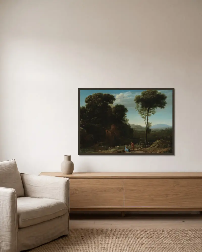 Pastoral Landscape with a Mill av Claude Lorrain inramad på en vägg