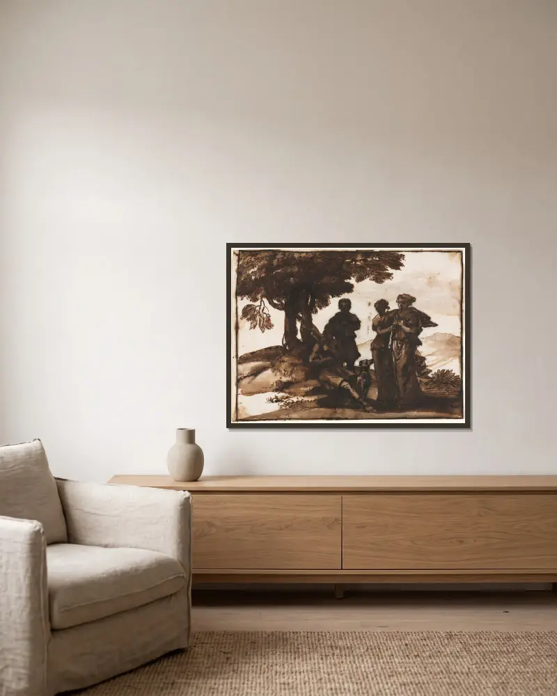 Pastorale Landschaft mit antiken Figuren[object Object] von Claude Lorrain gerahmt an einer Wand