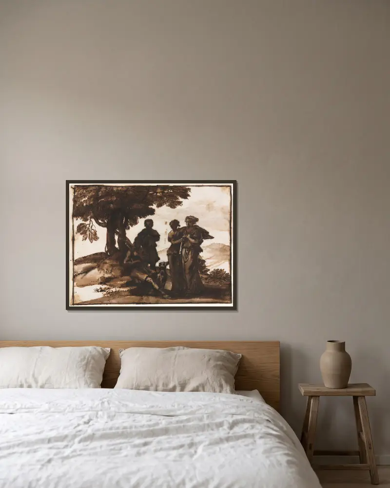 Pastorale Landschaft mit antiken Figuren[object Object] von Claude Lorrain gerahmt an einer Wand