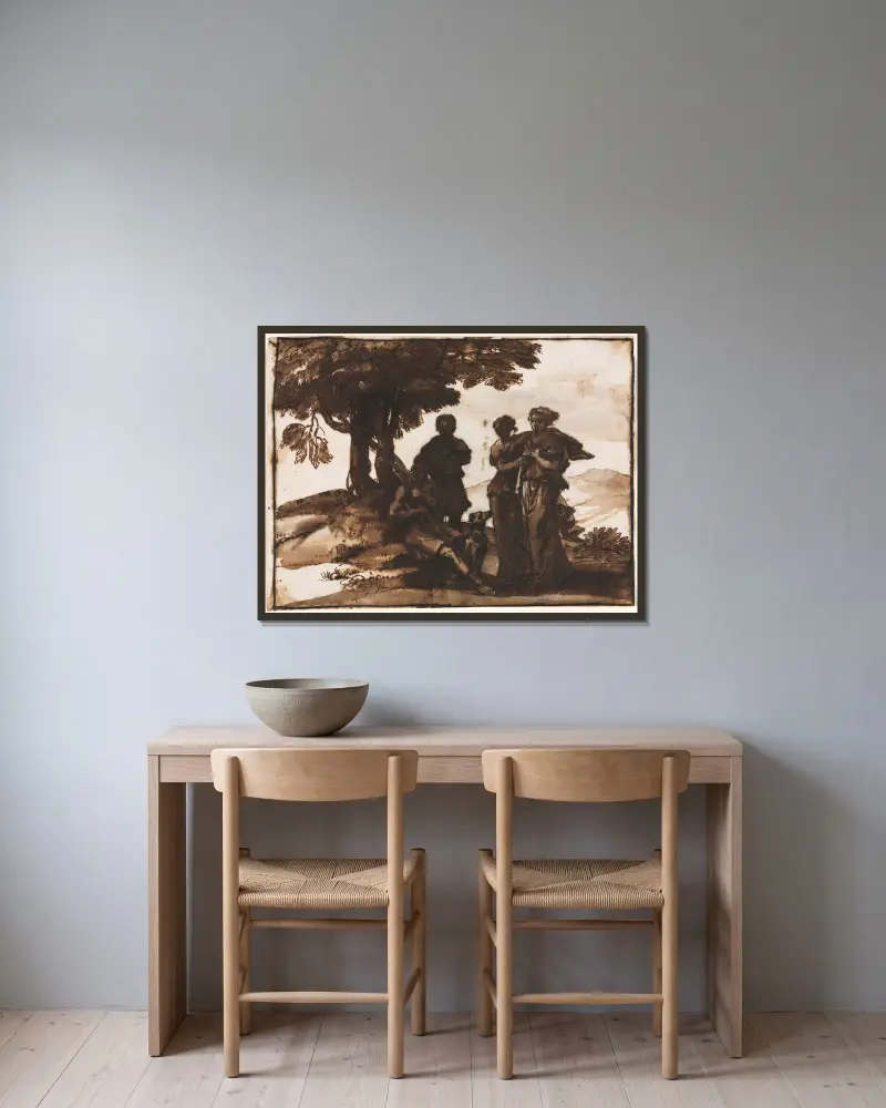 Pastorale Landschaft mit antiken Figuren[object Object] von Claude Lorrain gerahmt an einer Wand