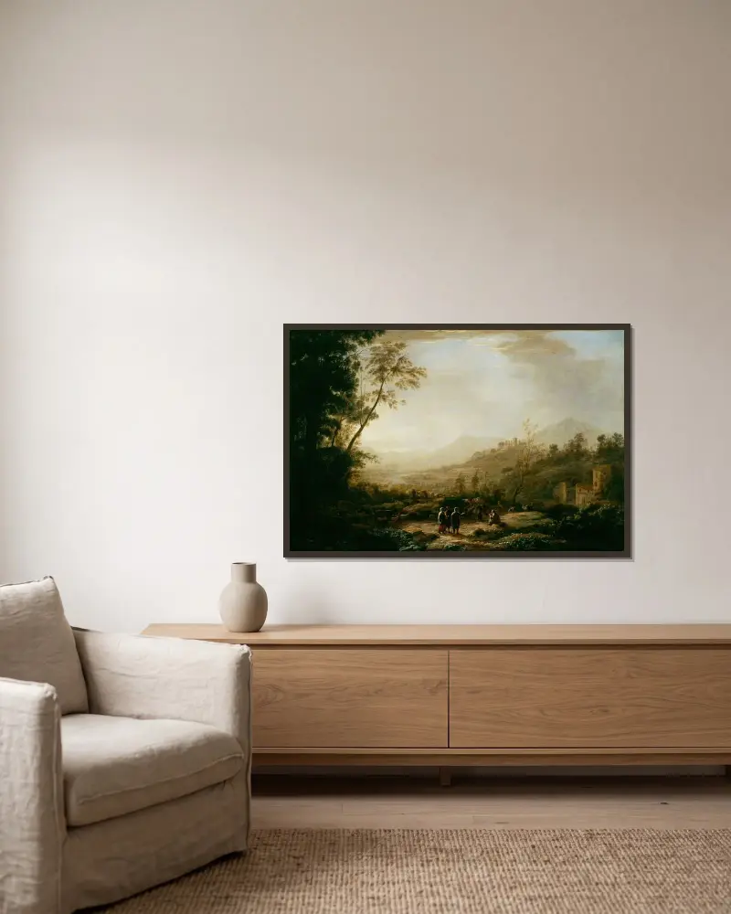 Sonnenaufgang, 1631 von Claude Lorrain gerahmt an einer Wand