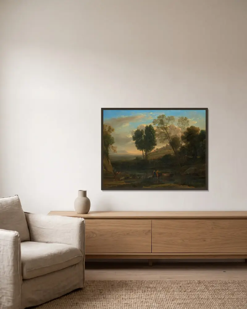 Sonnenaufgang, 1646 von Claude Lorrain gerahmt an einer Wand