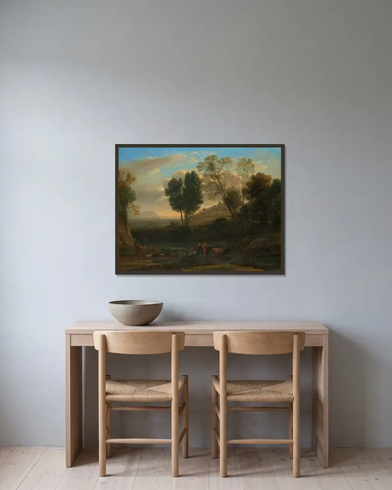 Sonnenaufgang, 1646 von Claude Lorrain gerahmt an einer Wand
